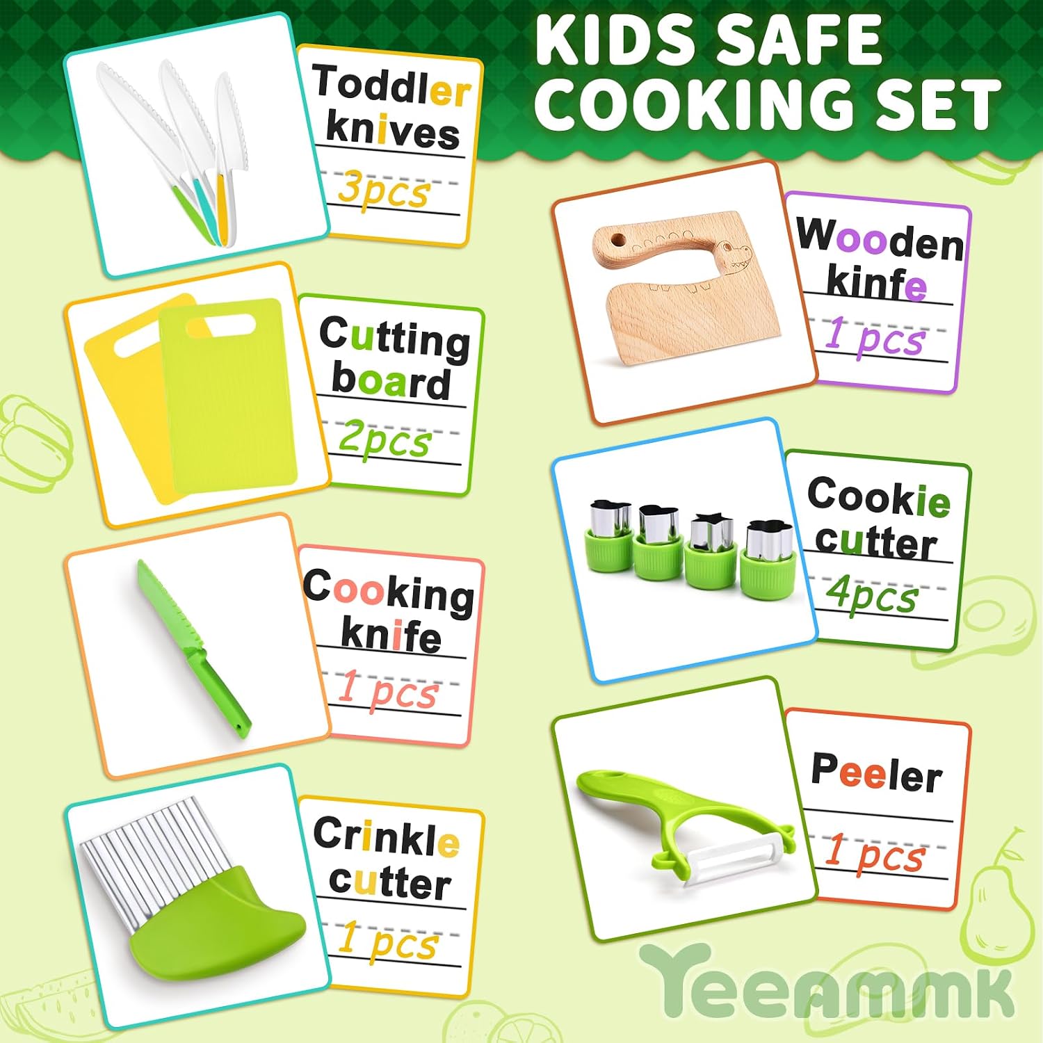 13 Pieces Montessori Kitchen Toys for Toddlers-Kids Cooking Sets Real-Toddler Toys Set for Real Cooking with Plastic Children Safe Knives Crinkle Cutter Kids Cutting Board 13PCS