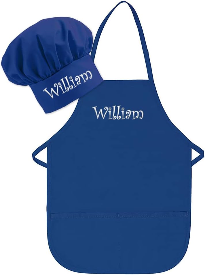 Personalized Embroidered Made In The USA - Add A Name Child Apron and Hat Set - Toddlers & Kids Sizes… Royal Regular (ages up to 6 or 7)